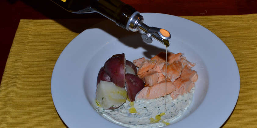 Roasted Salmon with Potatoes and Herb Creme Fraiche