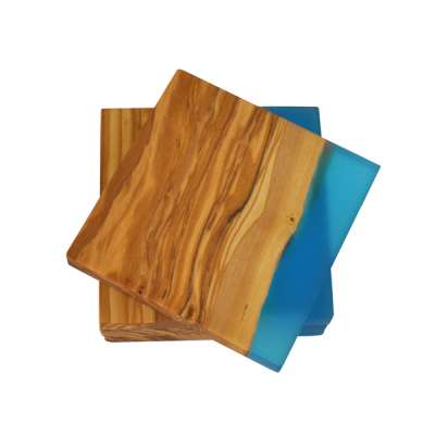 TFO | Square Olive Wood Coasters (Blue Resin)