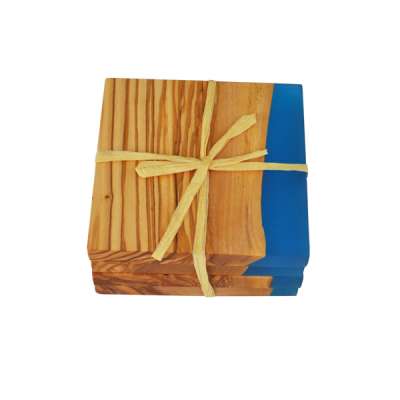 TFO | Square Olive Wood Coasters (Blue Resin)