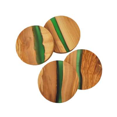 TFO | Round Olive Wood Coasters (Green Resin)